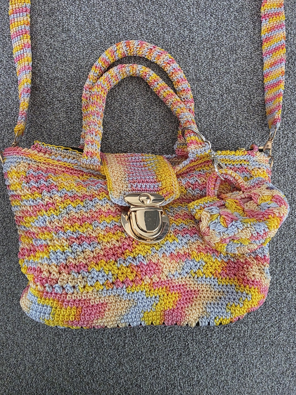 Handmade Multicolor Crochet Handbag Crossbody Bag with Earbud Case.